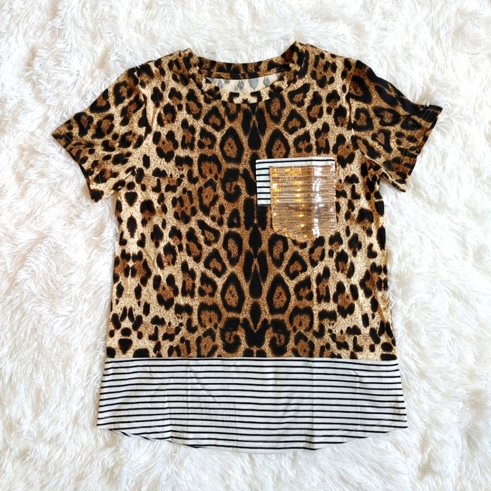 Leopard Print & Striped Short Sleeve Tee with Gold Sequin Pocket